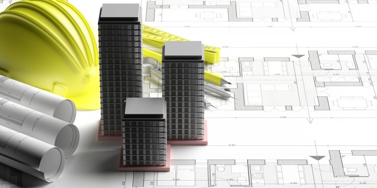 Highrise building model on blueprints background, engineer contractor office. Skyscraper, office or residential tower construction concept. 3d illustration